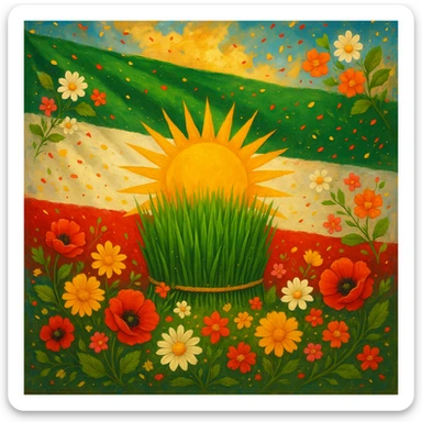 Kurdistan flag with Nowruz effect, featuring green, white, red colors and a yellow sun in the center of the flag, decorated with Nowruz elements like flowers, green grass, and festive atmosphere, vibrant and celebratory, detailed and colorful sticker