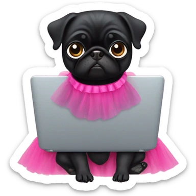 Black pug using a laptop while wearing a tutu dress sticker