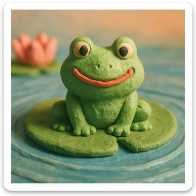 close-up of a smiling frog on a lily pad, gentle ripples in the pond, pastel background, claymation style sticker