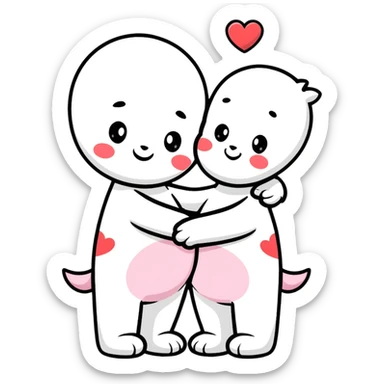 Two cute cartoon characters hugging with hearts around them sticker