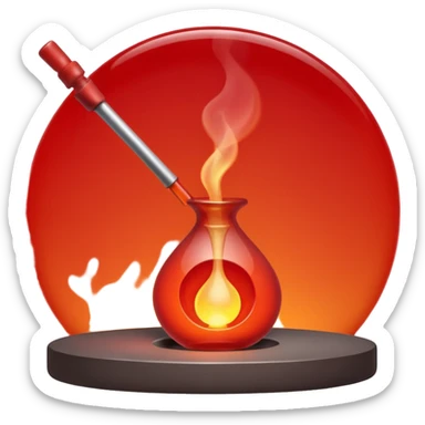 Glassblowing and casting icon, molten glass being shaped into a delicate object with a blowpipe, glowing red-hot glass being poured into a mold, unfinished glass sculpture, minimalistic style, clean lines, transparent background. sticker