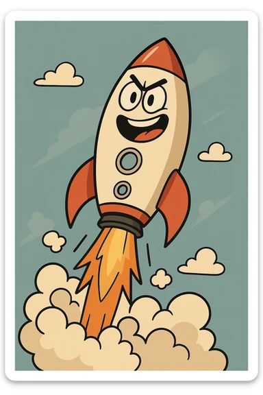 a rocket ship blasting off, flat toon style, dynamic and colorful, energetic sticker