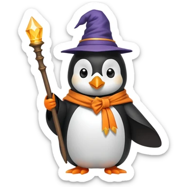 Penguin wearing a wizard hat and robe holding a magic wand sticker