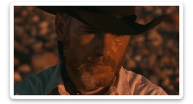Cinematic , documentary photography, top angle medium shot, cowboy look eye brave, hard light golden hour, desert arizona, shot on arri alexa, 80s movie sticker