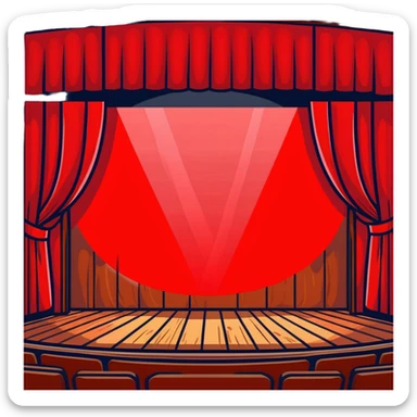 dramatic theater stage with red curtains drawn to sides, wooden planks, and bright spotlight in middle sticker