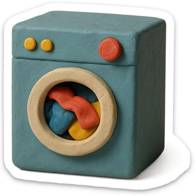 washing machine in claymation style with clothes peeking out, matte finish, soft lighting sticker