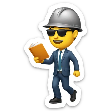 Asian Engineer emoji with suit and hard hat white holding folder smiling and running and shades and safety jacket sticker