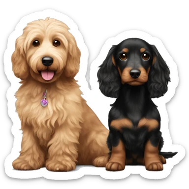 Brown golden doodle and black and tan and cream longhair dachshund sitting together  sticker