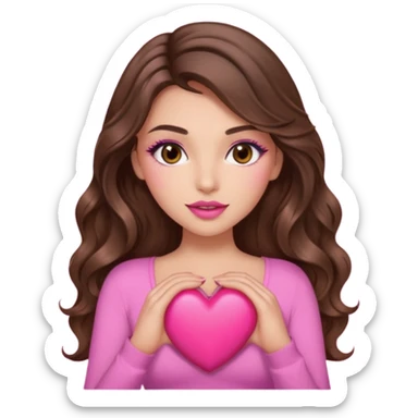 girl with long wavy brown hair, brown eyes, long lashes makeup, sexy pink lips, light to medium complexion, wearing a pink sexy top, holding a big heart sticker