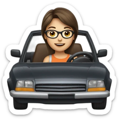 Girl with brown hair and brown glasses driving a car sticker