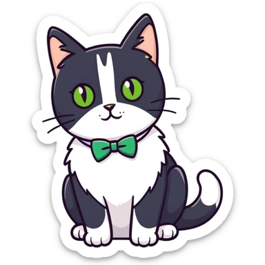 Female Tuxedo domestic short hair, more white than black similar to a cow, green/gold eyes, no bowtie sticker