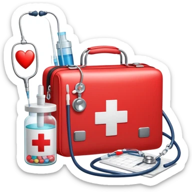 An icon featuring a medical bag with a red cross, a stethoscope, and a syringe, symbolizing medicine. The design includes pills, a heart monitor, and a clipboard with patient notes, representing healthcare, diagnostics, and treatment. Transparent background highlights the science of medicine. sticker
