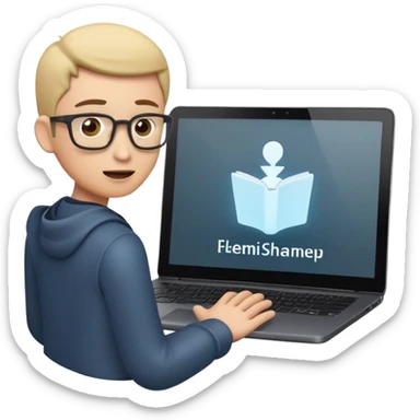 A dark-colored laptop with the screen open. From the screen, a person is emerging, giving a lecture or teaching. The person should look expressive and in a teaching pose. Soft shadows, semi-3D emoji style, clean background. sticker