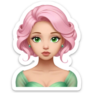 Cinematic Elegant Mulan Portrait Emoji, Dressed in her delicate green matchmaker gown, soft pink makeup, hair pinned perfectly, looking wistful yet radiant, eyes reflecting the depth of her spirit, capturing both her beauty and inner strength! sticker