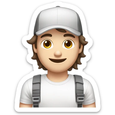 Pale skinned fit Man with dark brown hair in a white cap, gray jeans and gray polo T-shirt keeping a pasted with tape box into his hands sticker