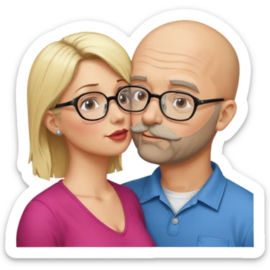 middle age bald man with heavy scruff and glasses kissing blonde woman who doesnt have glasses sticker