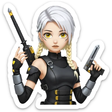  a closeup portrait of young woman with gold yellow eyes, white hair, long braid, black off-shoulder top d-cup, punk gothic style, futuristic cyberwave cyberpunk,  she has a plate carrier armor vest , and a old-style steel bulletproof combat helmet.  holding up a DAYZ combat knife sticker