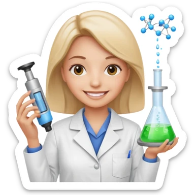 a woman in a laboratory coat, smiling and holding scientific equipment, symbolizing new cosmetic technology sticker