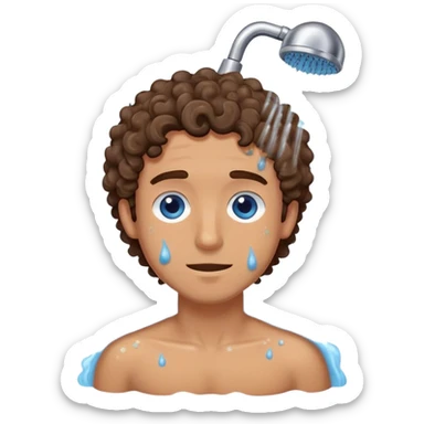 Man in shower scrubbing with soap and medium length curly brown hair and blue eyes olive skin sticker