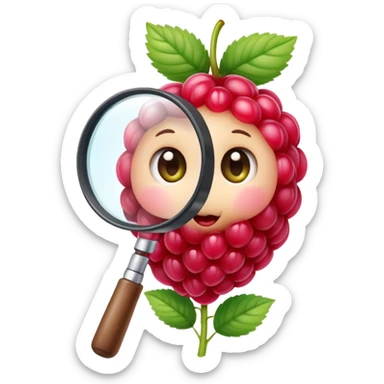 A cute raspberry holds a magnifier. It has a budding like structure which keeps that magnifier sticker