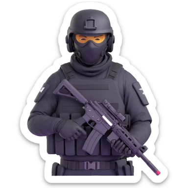 armed figure in all-black tactical gear, shiesty mask, helmet, holding a rifle sticker