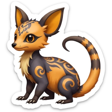 Rare warm-colored exotic cute epic aesthetic gothic colorful Salandit-Eevee-Civet-species-Fakemon-hybrid-creature, with intricate tattoo markings, full body sticker