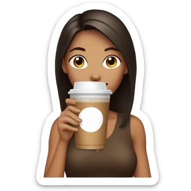 Brunette woman with iced coffee sticker