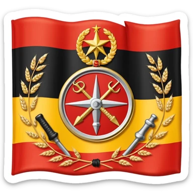 The flag of East Germany (the German Democratic Republic or GDR) consisted of the traditional German black, red, and gold horizontal tricolor, distinguished by a central emblem of a Centered in the red band, the national emblem featured a hammer, a compass, wreath of wheat. sticker