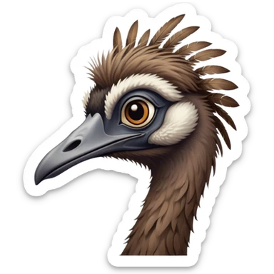 Cinematic Noble Emu Portrait Emoji, Poised and regal, with a tall, slender build and a shaggy, well-groomed fur of earthy brown feathers, a long elegant neck and deep-set soulful eyes, Simplified yet sharp and sophisticated features, highly detailed, glowing with a soft, dignified glow, high shine, intelligent and stately, stylized with an air of outback majesty, focused and attentive, soft glowing outline, capturing the essence of a watchful and confident bird, so majestic it feels as though it could stride out of the screen with effortless authority! sticker