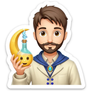 human forest alchemist character holding crescent moon like a glowing flask, mischievous idea face sticker