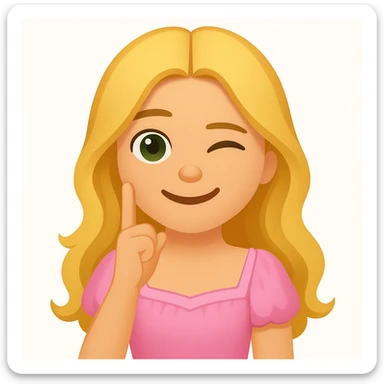 Edit the image to depict a long-haired blonde with swamp eyes wearing a pink pastel dress, in the style of iOS emoji. Match all features from the reference image but change the emotion to winking. sticker