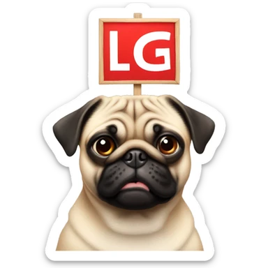 Pug holding a sign with a large red W over its head sticker