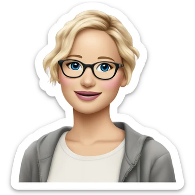 Happy Jennifer Lawrence,  blu eyes wearing glasses and pink kisses sticker