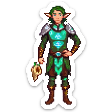 elf male Short wetsuit-style garb, glowing runes on skin, holding a conch horn. sticker