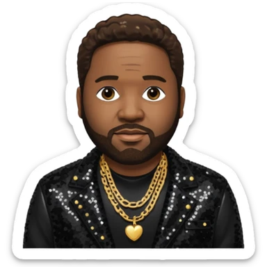 Gerald Levert with dark brown hair, black sequin jacket, black shirt with necklace sticker