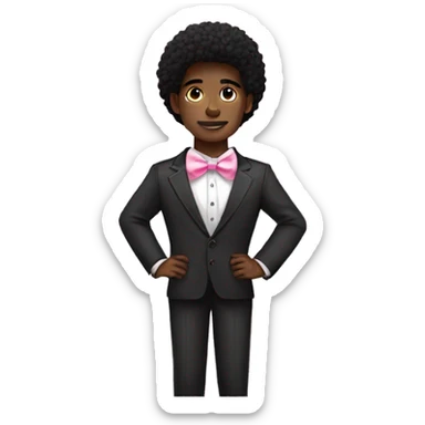 A black twink with an black afro mullet in a suit, intricate face, a pink bow tie sticker