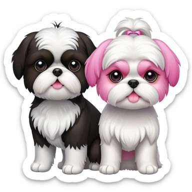 A black and white small shih tzu and a white shih tzu pink nose standing together sticker