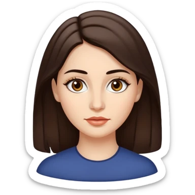 A woman emoji with fair skin, slightly wavy dark brown hair parted in the middle, an oval-shaped face, arched dark eyebrows, almond-shaped brown eyes, a small straight nose, and full lips. sticker