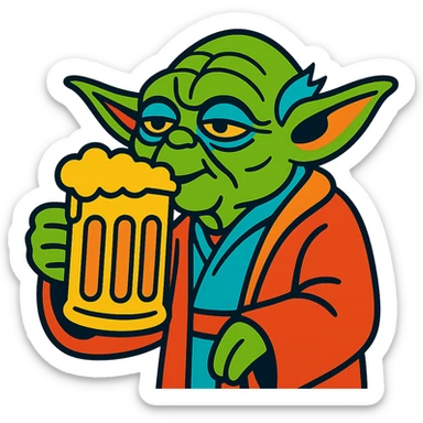 Yoda drinking a beer, expressive illustration style, vibrant colors sticker