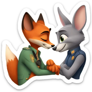 Nick Wilde the orange fox from Zootopia and Judy Hopps the grey bunny from Zootopia hugging each other sticker