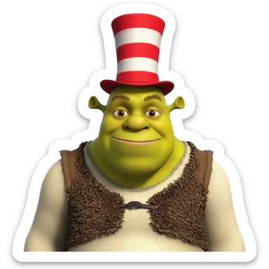 Shrek’s broad build and swampy texture—mixed with the tall, lanky proportions of the Cat in the Hat. He has small ogre ears poking through a slightly tattered red-and-white striped top hat. Hyper-realistic fur and skin textures, expressive CGI facial animation, comedy ogre cartoonish elasticity. sticker