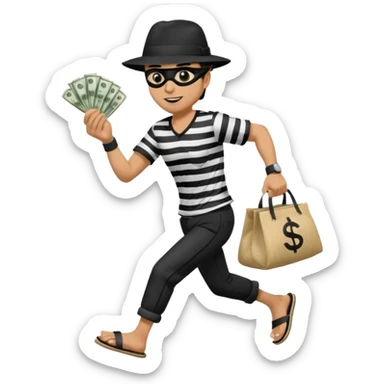 Make a man wear a black pant and he shirt is balck line and white line and wear a black hat and he holding a money bag and he running he wear a black eye thing no money in the Left hand and he yellow and the money bag in the right he wear a flip flop like this is Money bag 💰 sticker