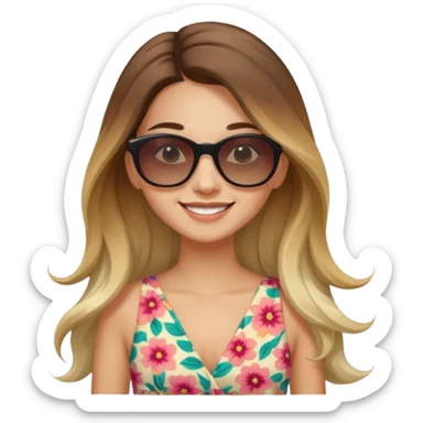 young fashionable woman, long ombre hair, wearing a floral dress and sunglasses, smiling sticker