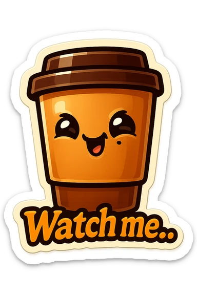 Tall coffee cup, giggling, mischievous eyes, "Watch me..." sticker