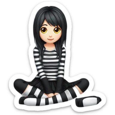 Full body Front view curvy emo girl sits on the floor straight view hands up black skirt striped stockings sticker