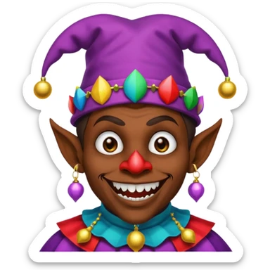 Dark brown skin medieval jester with white pupils and fangs sticker