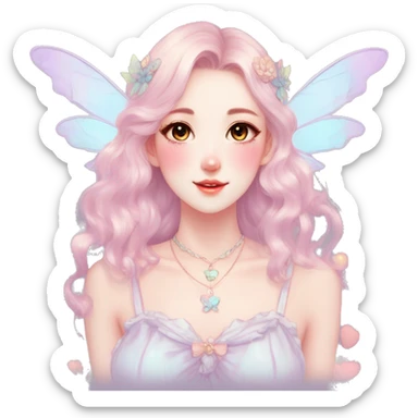 Gorgeous pastel anime style lady with blushing face and fairy wings necklace cottagecore fairycore pastelcore colorful pearly romantic simplistic aesthetic trending style sticker