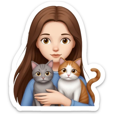 a girl with long brown hair with 2 cats, 1 gray and 1 white sticker