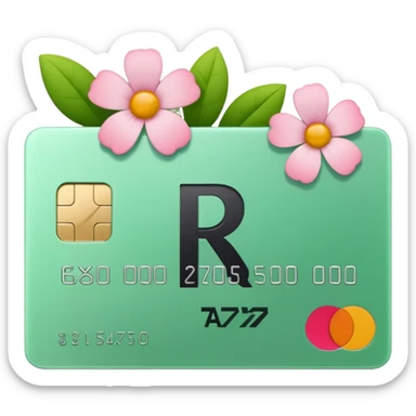 Pale Pink and green cute credit card, flowers growing around it , clean aesthetic, letter R on it sticker