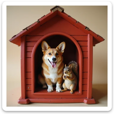 realistic red dog house with a Corgi dog inside, Corgi with a squirrel, photorealistic style sticker